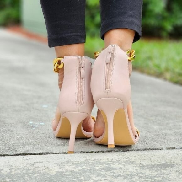 Womens Ankle Strap Heels Chains Stiletto Sandals Blush Color - Picture 4 of 5
